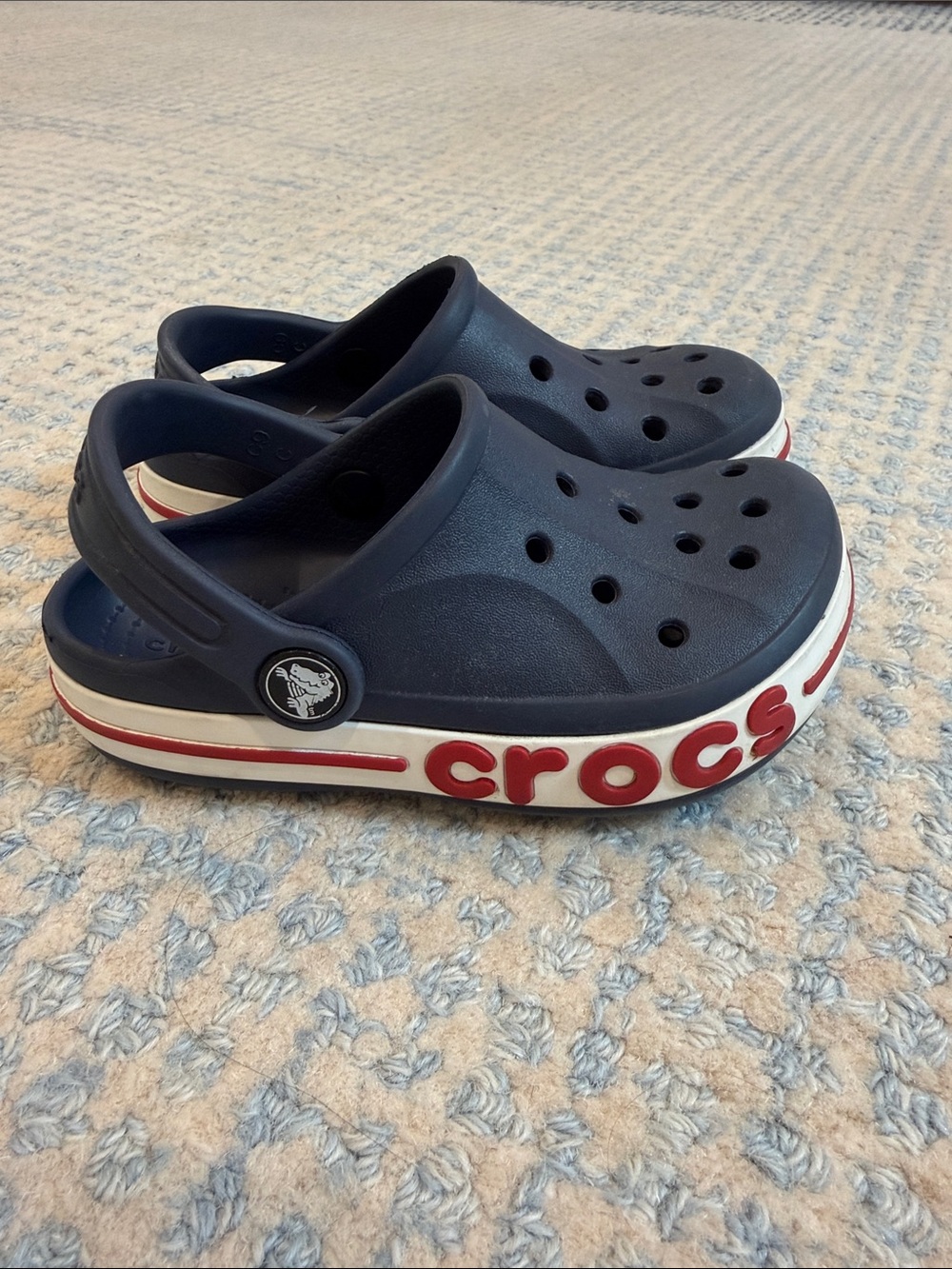 CROCS Kids Navy Clogs with Red and White Trim